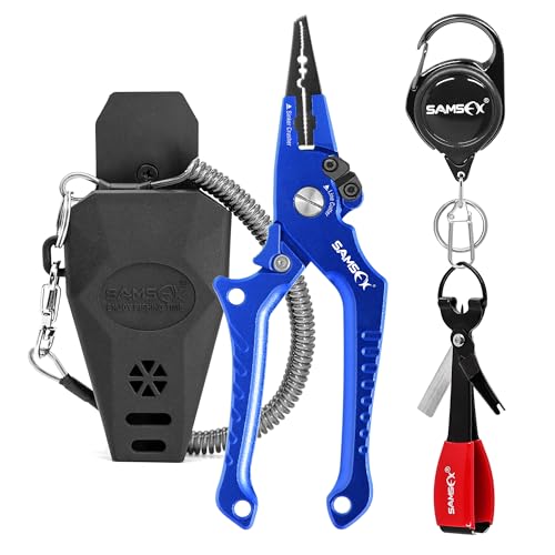 SAMSFX Aluminum Fishing Pliers Hook Remover Braid Line Cutter with Coiled Lanyard, Fly Fishing Knot Tying Tool & Retractors - color: 7'' Split Ring Nose, Sapphire Blue Handle