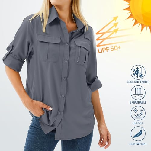 Women's UPF 50 Long Sleeve Sun Protection Shirts Safari Fishing Hiking - color: Dark Grey, size: Small