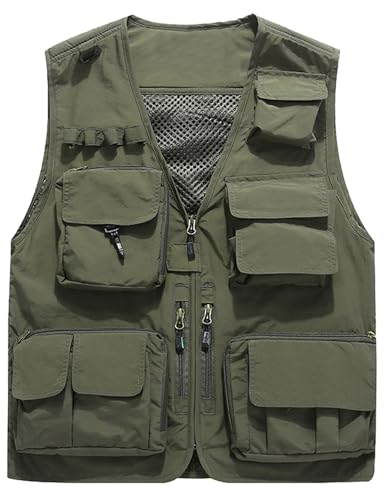 Flygo Men's Casual Lightweight Outdoor Fishing Work Safari Travel Photo Cargo Vest Jacket Multi Pockets - color: Army Green, size: Medium