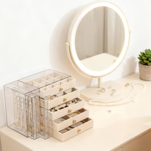 Greenfeather Jewelry Organizer and Storage with 7 Removable Drawers, Clear Acrylic Jewelry Box with 16 Necklace Hooks 48 Pairs of Earring Holes 5 Velvet-Lined Drawers for Rings Bracelets Necklaces - color: Off-White-Style B
