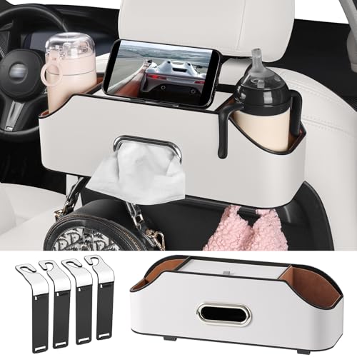 Car Rear Backseat Extra Multifunctional Drink Cup Holder Organizers With Tissue Storage Box Organizer & Hooks For Car Seat Back. White - color: White