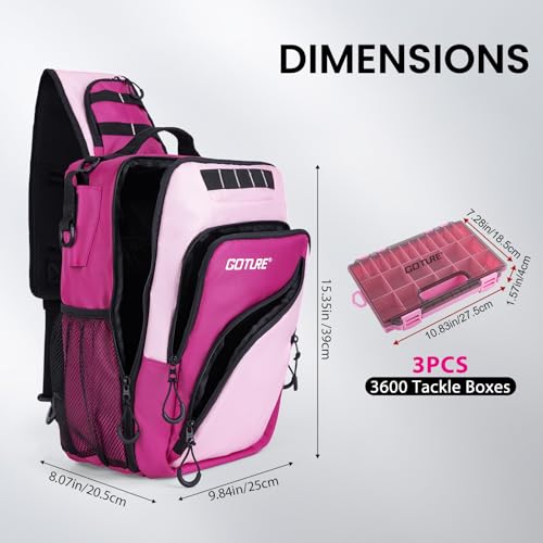 Goture Pink Fishing Tackle Bag, 1680D Water-Resistant Sling Fishing Backpack with Rod Holder, Anti-Slip Waist Strap, 3 Fishing Tackle Boxes, Fishing Gifts for Women Girls - color: Pink, style: 1680d Double-strand Pu Backpack + (3)3600 Trays