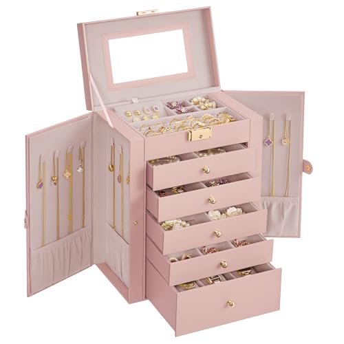 SONGMICS 6-Layer Jewelry Box Organizer with 5 Drawers, Jewelry Storage Case with Lock and Mirror, Large Storage Capacity, Gift for Loved Ones, for Necklaces, Watches, Jelly Pink UJBC152SA02S - color: Jelly Pink, size: 6 Tier