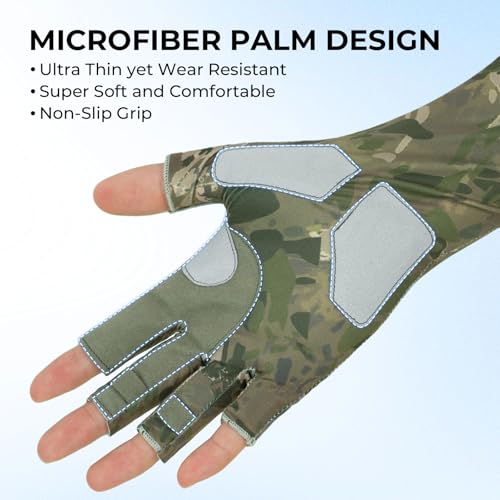 KastKing Agies Fishing Gloves Men, UPF 50+ Sun Gloves UV Protection, Cooling Quick-Dry 3/4 Fingerless Gloves with Extended Cuff, Microfiber Palm & Pull Tabs, for Fishing, Kayaking, Hiking, Hunting - color: X Camo-Olive Green, size: Small-Medium