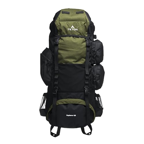 Teton 65L Explorer Internal Frame Backpack for Hiking, Camping, Backpacking, Rain Cover Included, Olive - color: Olive, size: 65L