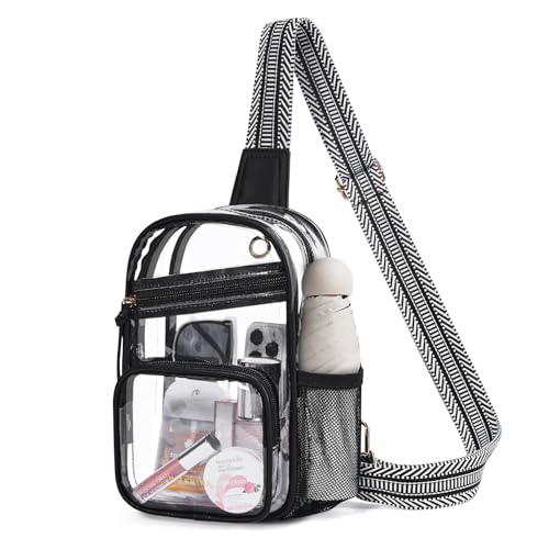 Missnine Clear Bag for Stadium Events Clear Sling Bag Fanny Pack Crossbody Purse for Sport Concert with Side Mesh Pocket - color: E-black[side Pocket]