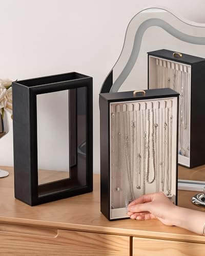 Lolalet Upgraded Double-Sided Hanging Necklace Organizer Box, Jewelry Display Case with Double-Sided Clear Window for Necklaces Bracelets, Tangle-Free Necklace Storage Box, Black, 1-Layer 20 Hooks - color: Black, size: 1-Layer, 20 Hooks