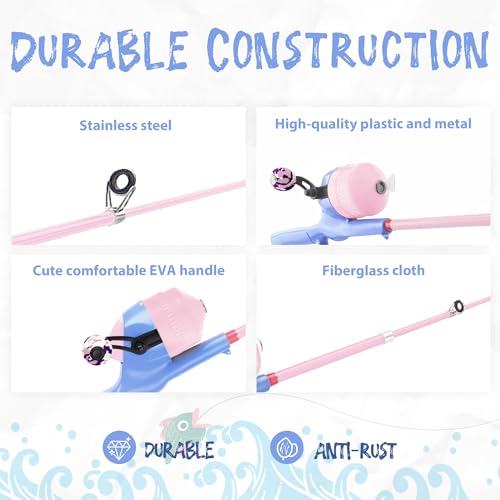Kids Fishing Pole, Telescopic Fishing Rod, Toddler Collapsible Fishing Rod and Reel Combo with Tackle Box, Fishing Line, Bobber, and Soft Lures for Boy, Girl, Youth, Beginner, Over 4 Years Old - color: Lavender & Blossom Pink