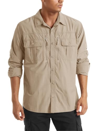 TACVASEN Fishing Shirt for Men, Long Sleeve Shirt Quick Dry Fit, Tactical Shirt Button Up, Work Shirt Lightweight Safari - color: Khaki, size: X-Large