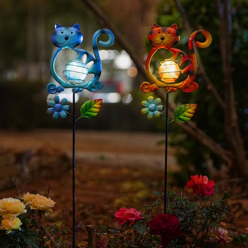 Solar Garden Lights Outdoor Decor,26.4''H Cat Figurine Lights,Waterproof Decorative Garden Stakes for Lawn Patio Pathway, Cat Lover Gifts for Mom Women Birthday Christmas - color: Cat-2Pack