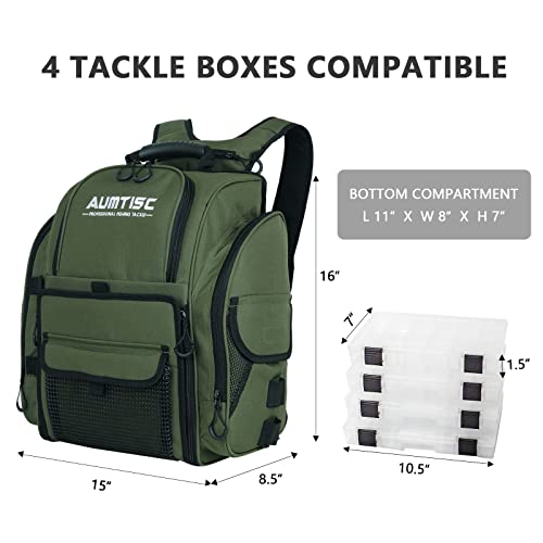 AUMTISC Fishing Tackle Bag Backpack for Men with 4 Tackle Boxes, 2 Rod Holder, Rain Cover, Large Fishing Equipment Gear Bags for Camping, Hiking