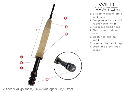 Wild Water Standard Fly Fishing Combo Starter Kit, 3 or 4 Weight 7 Foot Fly Rod, 4-Piece Graphite Rod with Cork Handle, Accessories, Die Cast Aluminum Reel, Carrying Case, Fly Box Case & Fishing Flies