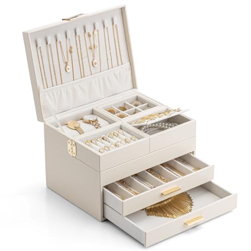 VLANDO 4 Layers Jewelry Box - Women Jewelry Box with Retractable Tray - Jewelry Organizer with Drawer for Necklaces, Rings, Bracelets, Earrings, Valentines Gift for Mom Girls - Cloud White - color: A.Cloud White, size: 4-Layer