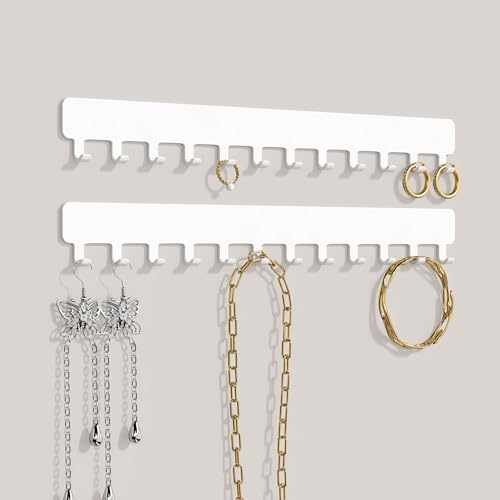 Bussdis Necklace Holder - Hanging Jewelry Organizer, Self-Adhesive, Wall Mount, 2 Pack, White - color: White, size: 9.84 inch