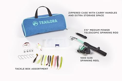 Fishing Kit with Rod, Pre-Spooled Reel, Tackle, Hooks, Zip Carry Case - Camping/Hiking/Kayaking/Boat/RV/Car/Cabin/Cottage