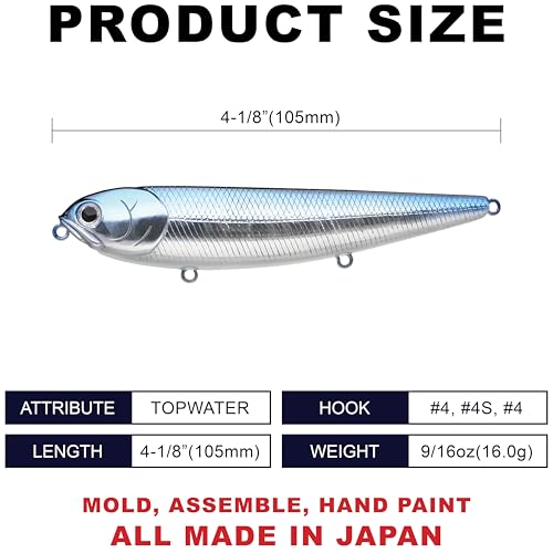 LUCKY CRAFT Sammy 105 Topwater Fishing Lures, 3 Hook, 4-1/8" Floating Freshwater Trout and Bass Lures, Walk-the-Dog Tournament Bait, Bass Fishing Gear and Tackle Box Accessories - color: 052 Aurora Black