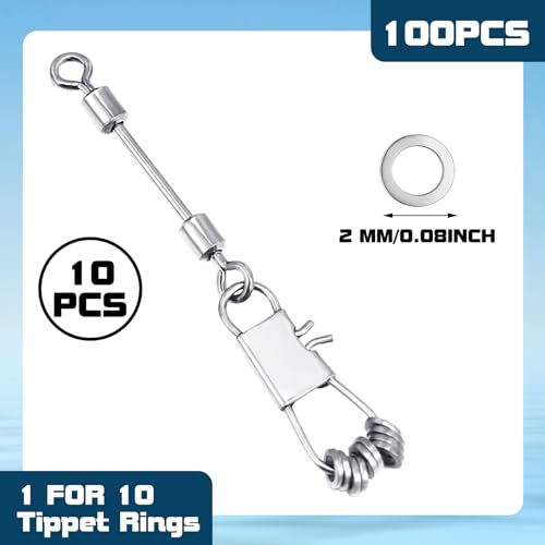 RoundFunny 100 Pcs Fly Fishing Tippet Rings 10 Lightweight Tippet Rings on a Clip Fly Fishing Trout Line Leaders Connectors 2mm 25lb