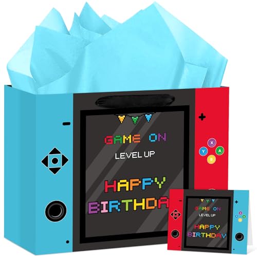 Hooqict Large Video Game Birthday Gift Bag Happy Birthday Gift Wrapping Bag with Handles, Tissue Paper and Greeting Cards for Kids Boys Men Gamer Themed Party Supplies - color: Video Game