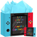 Hooqict Large Video Game Birthday Gift Bag Happy Birthday Gift Wrapping Bag with Handles, Tissue Paper and Greeting Cards for Kids Boys Men Gamer Themed Party Supplies - color: Video Game