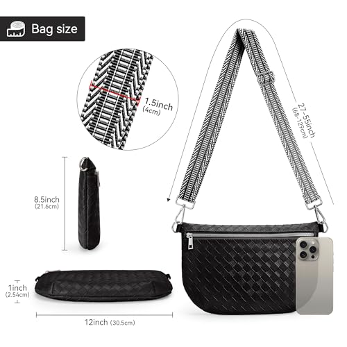 KALIDI Woven Crossbody Bags for Women Travel Vegan Leather Fanny Packs for Woman Cross Body Purse Fashion Belt Bum Bag with Wide Strap - color: Black
