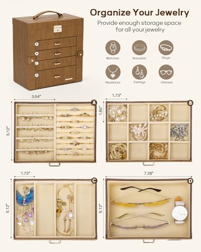Homde Synthetic Leather Huge Jewelry Box Mirrored Watch Organizer Necklace Ring Earring Storage Lockable Gift Case (Brown + Gold) - color: Brown + Gold