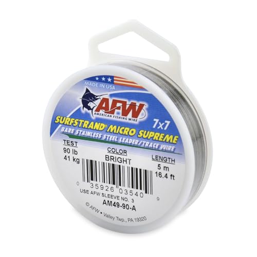 American Fishing Wire Surfstrand Micro Supreme Bare 7x7 Stainless Steel Leader Wire- Fishing Leader Line for Saltwater, 13lb Test - 20lb Test, Camo Color, 5m Length - color: Bright, size: 90 lb / 5m