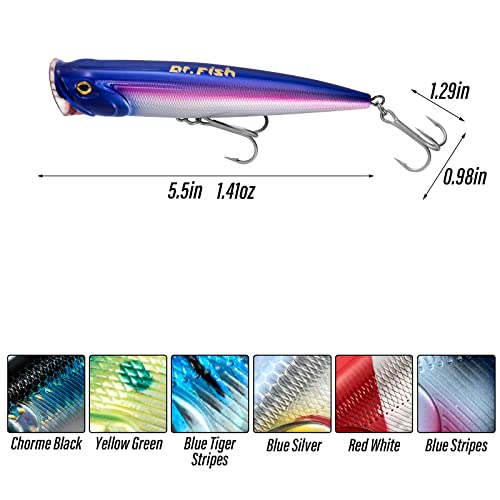 Dr.Fish Popper Saltwater Fishing Lures, 4/5.5 Inches GT Popper VMC Treble Hooks Surf Fishing Lures for Bass Striper Pike Salmon Offshore - color: Blue/Purple-1 Pack, size: 5.5"
