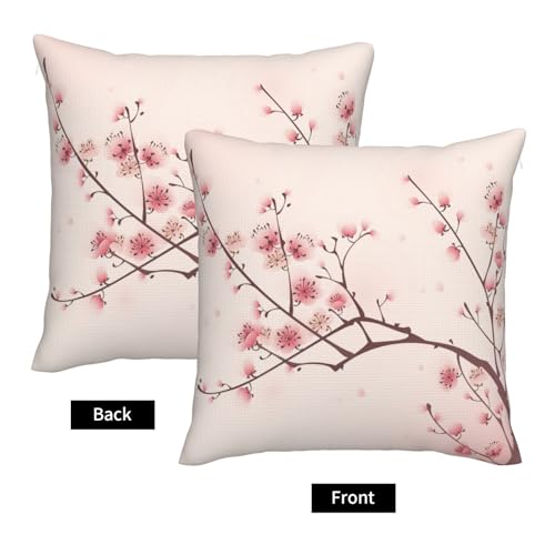 Spring Pink Throw Pillow Covers Chinese Cherry Blossom Flower Square Pillow Cases 18x18 Inch Set of 2 Japan Plum Branch Outdoor Decorative Pillowcase Cushion Cover for Couch Sofa - color: Pink, size: 18" x 18" (Pack of 2)