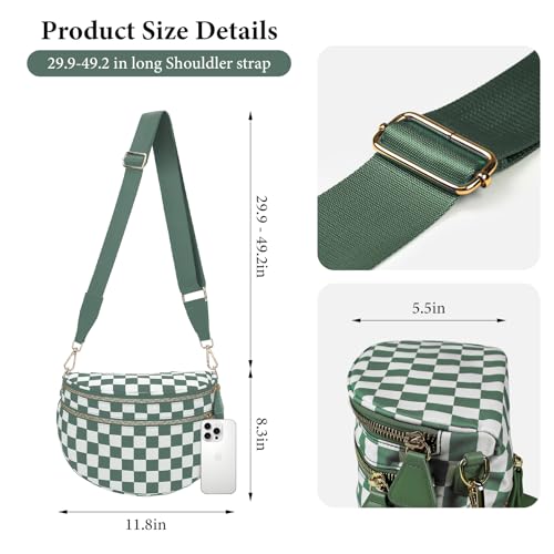 Nylon Crossbody Bum Bag for Women, Checkered Sling Fanny Pack with Adjustable Shoulder Strap Belt (GREEN CHECKERED) - color: GREEN CHECKERED