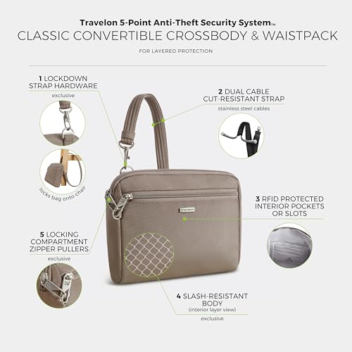 Travelon Anti-Theft Classic Convertible Crossbody & Waist Pack - color: Hazelnut