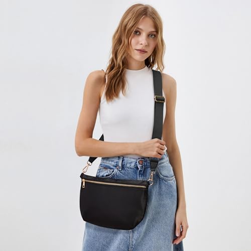 KALIDI Black Crossbody Bags for Women Travel Flat Fanny Packs for Woman Men Nylon Cross Body Purse Fashion Belt Bum Bag - color: Pure Black