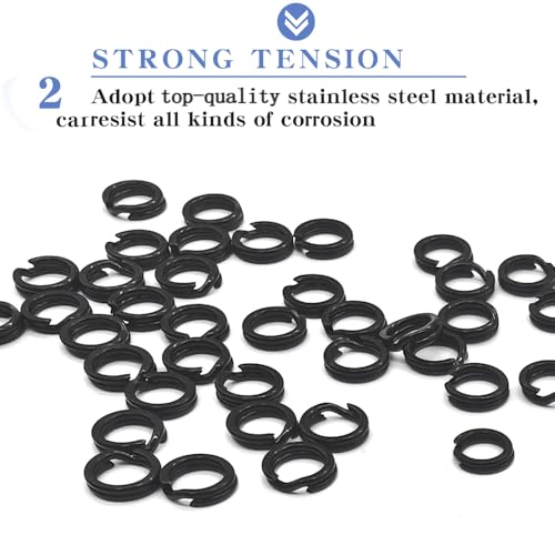 200PCS Heavy Duty Stainless Steel Split Rings, Double Fishing Lure Rings, 5 Sizes 5.4-8.4mm, 40-150LB (Black) - color: Black