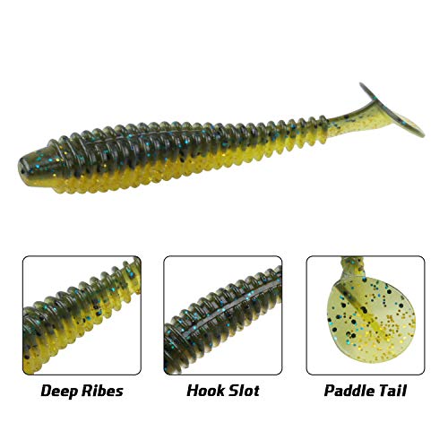 RUNCL Swimbaits Paddle 10/20/30/40PCS, 5/4/3/2 Inchs Paddle Tail, Soft Lure for Trout Crappie Bass, Durable Plastic Bait Swimmer for Saltwater/Freshwater, Fishing Lover's Gift - color: Dark Chartreuse, size: 3in, 30pcs