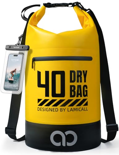 Lamicall Waterproof Dry Bag with Phone Pouch - 5L/10L/20L/30L/40L Floating Roll Top Backpack for Kayaking Boating Beach Camping Fishing - Heavy Duty 500D PVC Marine Dry Sack for Men,Women, Yellow 40L - color: Lemon Yellow, size: 40L