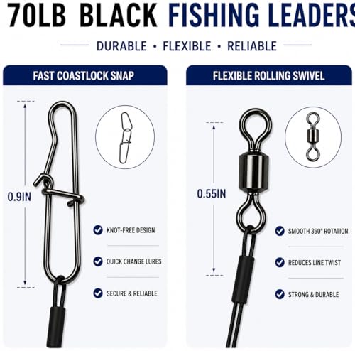 Stainless Steel Fishing Wire Leaders, Black Coated & Uncoated Options, Heavy Strength 31–100LB, 6–21in Multi Sizes with Rolling Swivels Snaps for Salt Fresh Water Shark Pike Barracuda - color: 35PCS-11.81in(70LB)