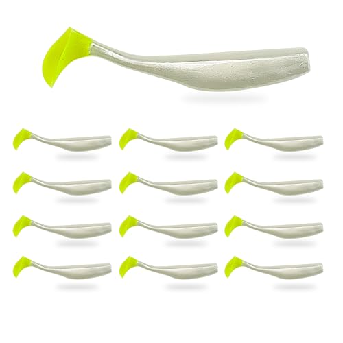 Soft Plastic Paddle Tail Swimbaits – 3 1/4", 4" & 5" Soft Plastic Fishing Lures with Extra-Large Tail for Lifelike Swimming Action – Freshwater & Saltwater - color: Pearl White with Electric Green Tail, size: 3 1/4 Inch - 12 Pack