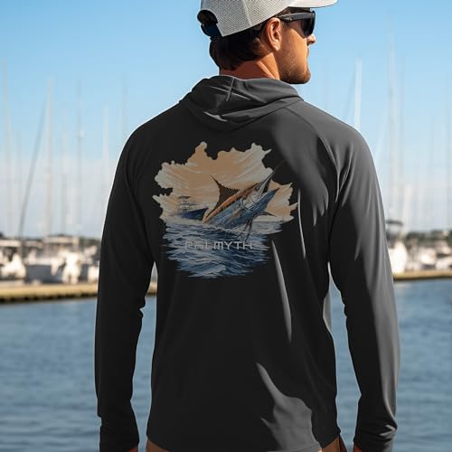 Palmyth Fishing Hoodie for Men Long Sleeve Sun Protection UV UPF 50+ Shirts - color: Black/Sailfish Pursuit, size: 4X-Large