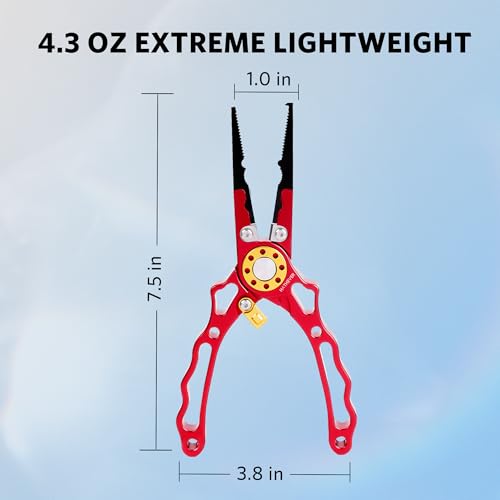 Fishing Pliers Saltwater, Split Ring Pliers Hook Remover with Safety Lock, Fishing Tools with Sheath and Lanyard, Fishing Gifts for Men - color: Red