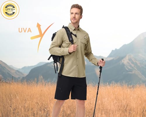Satankud Mens Long Sleeve Fishing Shirts UPF 50+ Sun Protection Cooling Hiking Shirt for Travel Safari Work - color: Khaki, size: Small