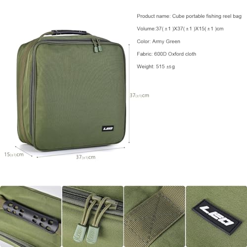 Conskyee Waterproof Fishing Reel Case, 37 x 37 x 15cm Portable Fishing Gear Accessories Tackle Storage Bag with 3 Adjustable Inner Dividers for Spinning Baitcasting Fly Reels