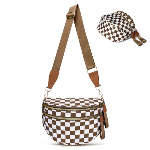 Crossbody Bags for Women, Checkered Bum Bag Crossbody, Spacious Nylon Shoulder Handbag Mom Bag (coffee white checkered) - color: coffee white checkered