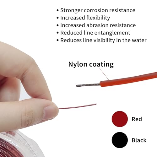 Eupheng Nylon Coated 1x7 & 7x7 Stainless Steel Leader Wire, Knottable Fishing Wire Leader Line for Saltwater, 20lb - 135lb Test in Black, Red in 30ft, 100ft Lengths, with Crimps Sleeves - color: 1x7 Red, size: 30 ft / 60 lb