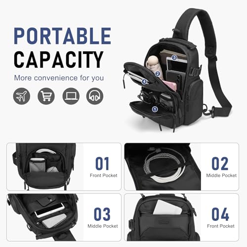 Sling Bag for Men, Travel Crossbody Bag for Men, Small Sling Backpack Shoulder Bag, High-Density Oxford Chest Pack for Hiking - color: Black