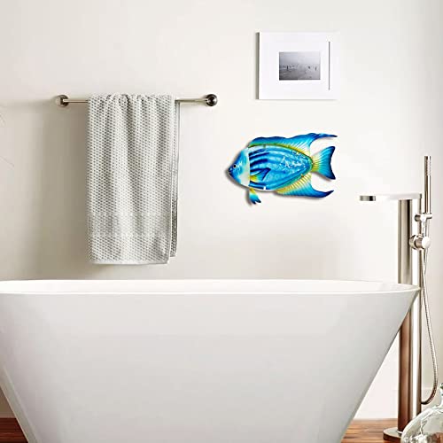 John's Studio Fish Sea Wall Decor Outdoor Metal Garden Hanging Art Glass Sculptures Home Ocean Theme Decorations for Kitchen Bathroom and Pool - Blue - color: Fish - Blue