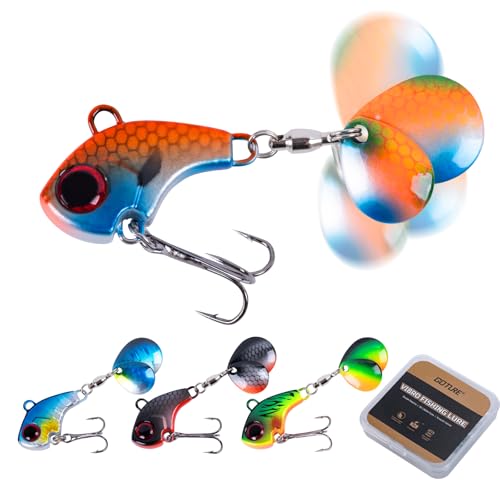 Goture Fishing Lures VIB Tail Spinners Bait Set, Two-Way Spinning Spoon System with Kona Treble Hook, Fixed Tube Anti-Tangle, 3D Eyes Sinking Lures with Tackle Box, Fishing Jigs Fishing Spinner Blade - color: B: 3/8 oz - 4 Pcs with Box