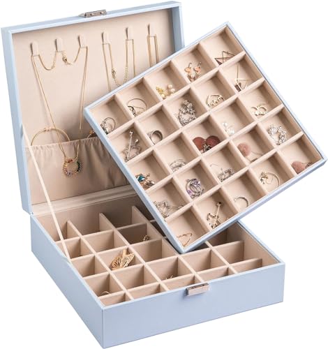 Frebeauty Earring Organizer Classic Jewelry Box 50 Slots Double Layer Jewelry Storage Case with 6 Necklace Hook and Bracelet Pocket(Sky Blue) - color: Sky Blue