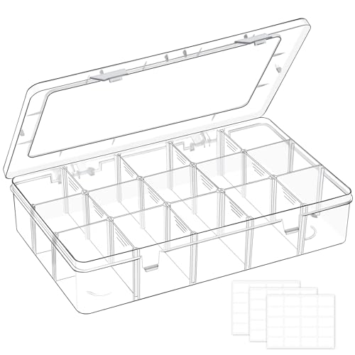 Mauproy 15 Grids Large Plastic Organizer Box with Adjustable Dividers, Clear Craft Organizer and Storage Tackle Box Compartment Container with Label Stickers for Beads, Jewelries, Tools - style: Large 15 Grids