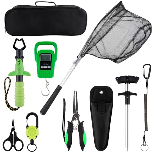 Hikary 10 Pcs Fishing Tool Kit,Folding Fishing Net Set with Storang Bag,Pliers with Lanyard and Protective Sheaths,Hook Remover,Fish Gripper,Fish Scale,Scissors for Fisherman Travel Gifts - color: Green