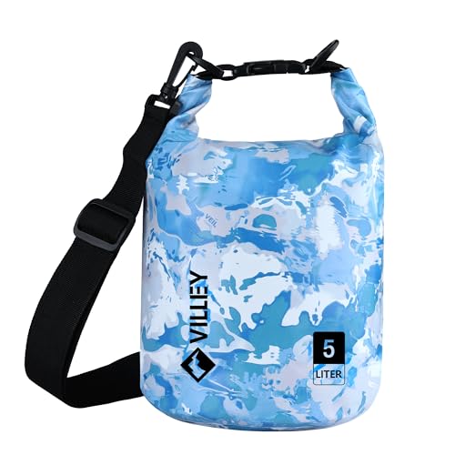 VILLEY Dry Bag Waterproof 5L Roll Top Storage Backpack, Keeps Gear Dry Lightweight Backpack for Kayaking Boating Camping Swimming and Beach Accessories Blue Camo - color: Blue Camo, size: 5L