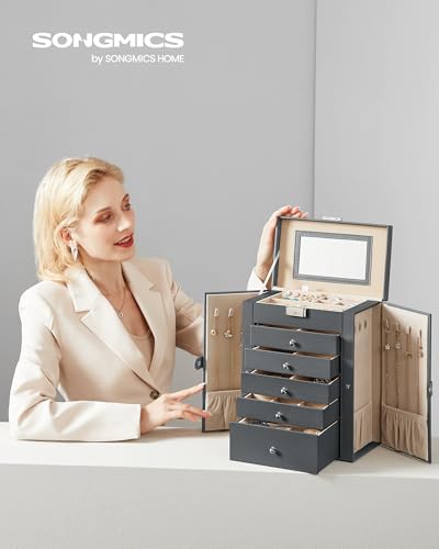 SONGMICS 6-Layer Jewelry Box Organizer with 5 Drawers, Jewelry Storage Case with Lock and Mirror, Large Storage Capacity, Gift for Loved Ones, for Necklaces, Watches, Gray UJBC152G01 - color: Gray, size: 6 Tier